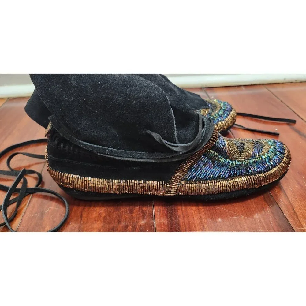 House of Harlow 1960 Beaded Suede Lace-Up Moccasin Boots Black Gold Boho Festiva